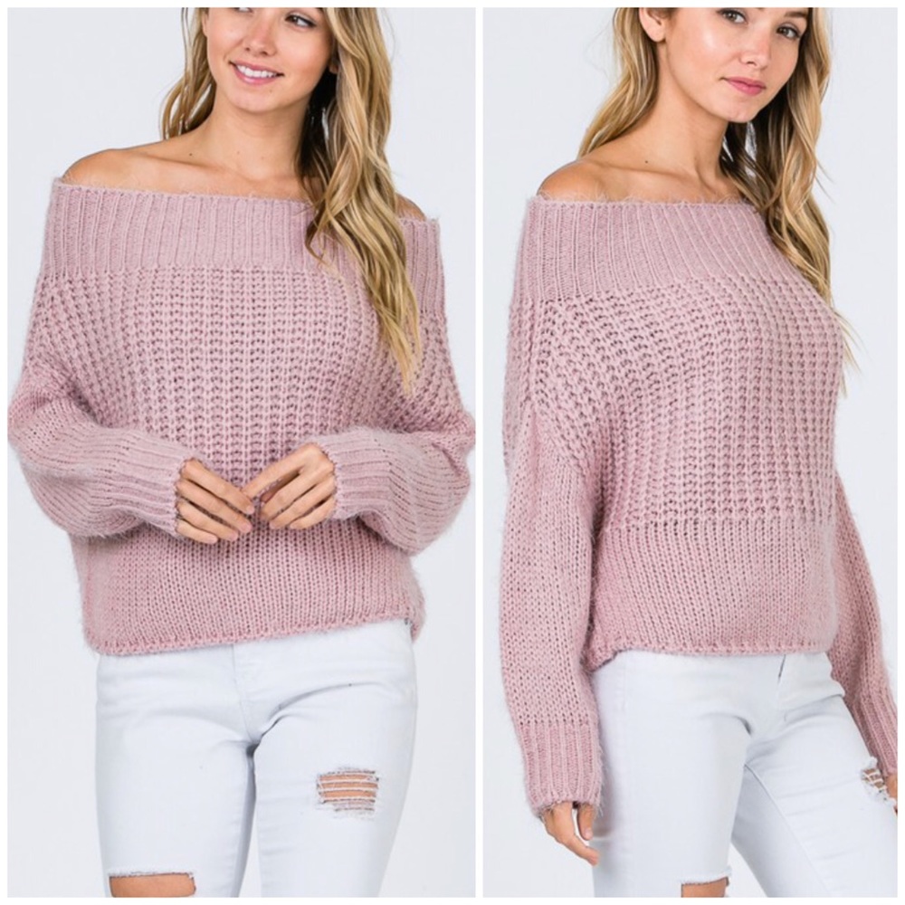 SOLD OUT Blush Pink Off Shoulder Knit Long Sleeve Sweater - Picture 1 of 8